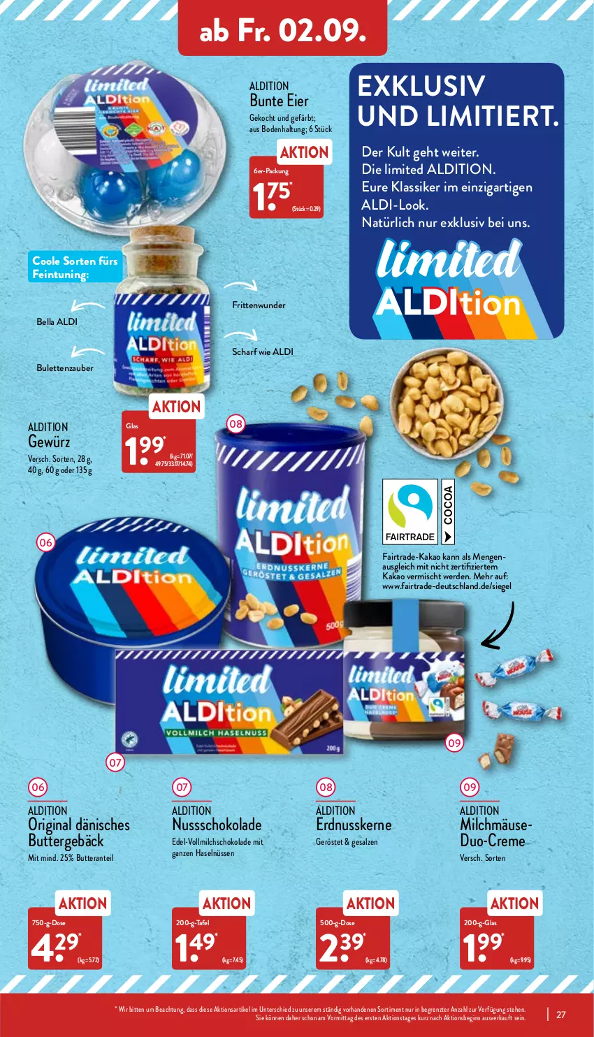 Aktueller Prospekt Aldi Nord - Aldi-Aktuell - von 29.08 bis 03.09.2022 - strona 27 - produkty: aldi, butter, creme, eier, erde, erdnuss, gewürz, gin, kakao, milch, nuss, salz, schoko, schokolade, Ti, vollmilch, ZTE