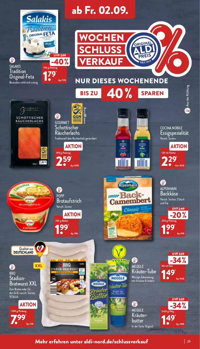 Aktueller Prospekt Aldi Nord - Aldi-Aktuell - von 29.08 bis 03.09.2022 - strona 29 - produkty: aldi, Alpenhain, aufstrich, Becher, braten, bratwurst, brot, brotaufstrich, buch, butter, cin, dip, essig, feta, flasche, gin, grill, Holz, Käse, kräuter, kräuterbutter, kräutern, lachs, meggle, Popp, Räucherlachs, salakis, schott, Spezi, Ti, tisch, wurst