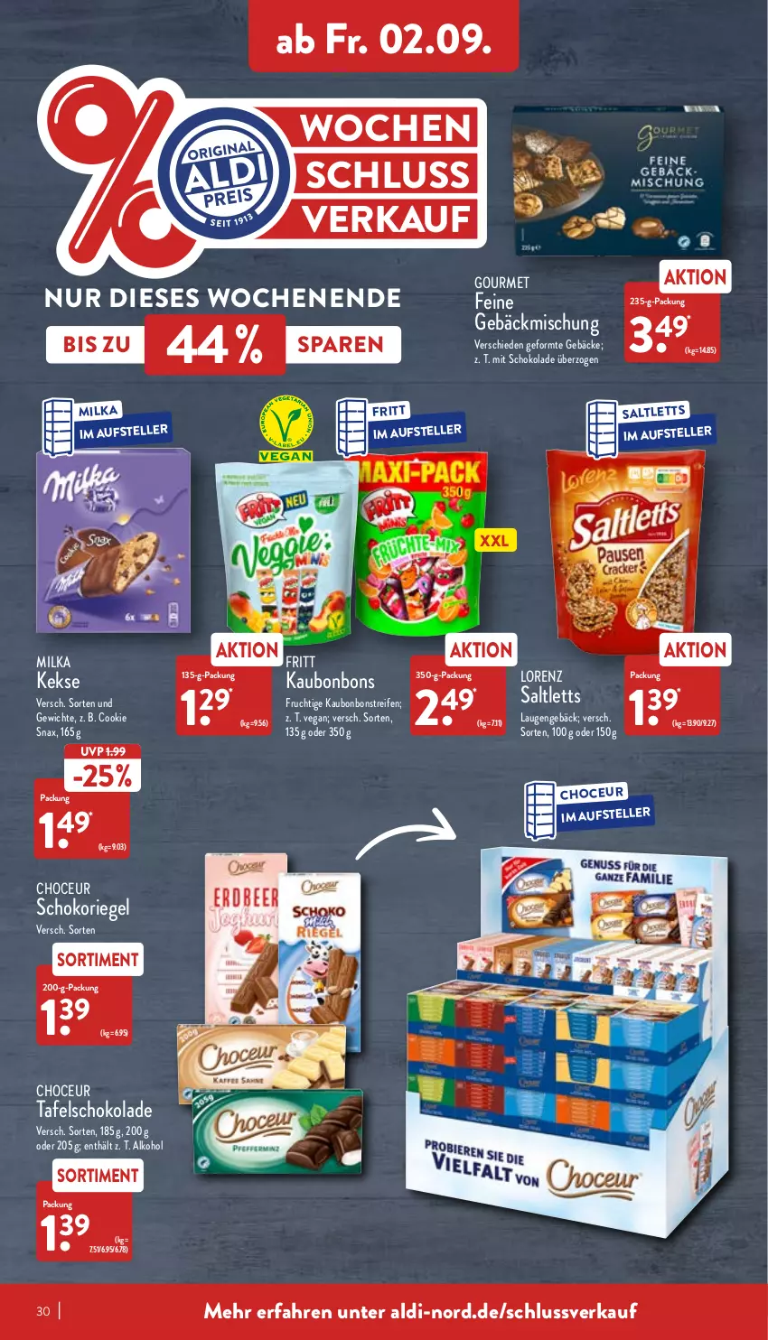 Aktueller Prospekt Aldi Nord - Aldi-Aktuell - von 29.08 bis 03.09.2022 - strona 30 - produkty: aldi, alkohol, bonbons, cookie, elle, Feine Gebäckmischung, frucht, gebäckmischung, keks, kekse, lorenz, milka, reifen, riegel, saltletts, schoko, schokolade, schokoriegel, tafelschokolade, teller, Ti