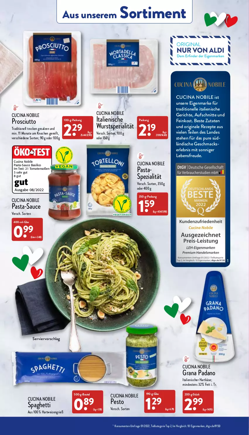 Aktueller Prospekt Aldi Nord - Aldi-Aktuell - von 29.08 bis 03.09.2022 - strona 34 - produkty: aufschnitt, basilico, beutel, cin, elle, ente, feinkost, gin, grana, grana padano, hartkäse, hartweizen, italienischer hartkäse, Käse, mac, padano, pasta, pasta-sauce, pesto, prosciutto, Rana, rezept, rezepte, salz, sauce, Soße, spaghetti, Spezi, Ti, tomate, tomaten, wurst