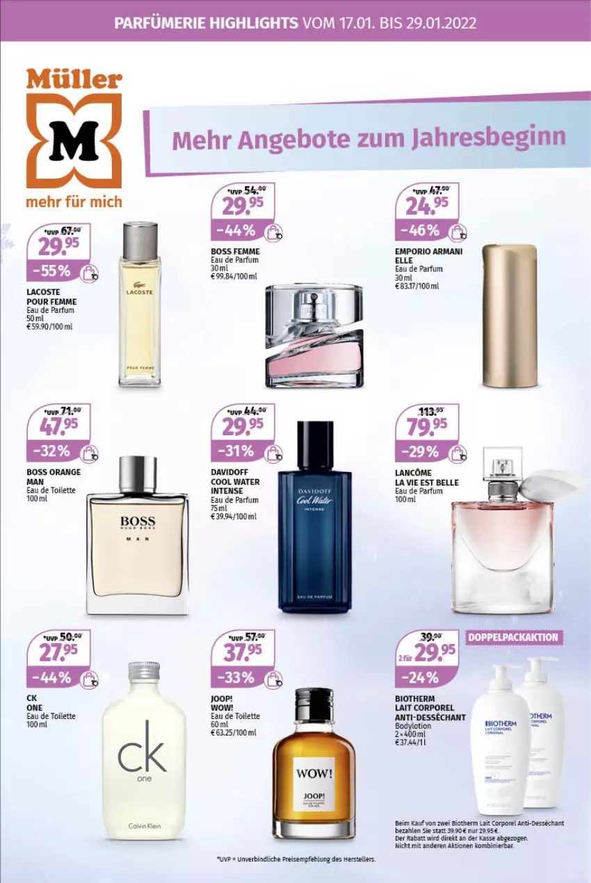 Aktueller Prospekt Mueller - Parfümerie Angebote - von 17.01 bis 29.01.2022 - strona 1 - produkty: angebot, angebote, bio, biotherm, body, bodylotion, boss, calvin klein, Eau de parfum, eau de toilette, eau de toilette 100 ml, eis, elle, gin, Joop!, Lotion, Müller, orange, parfum, reis, rel, teller, Ti