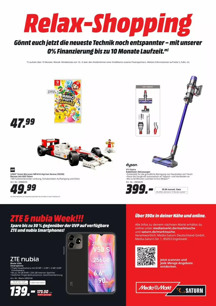 Aktueller Prospekt Saturn - Prospekte - von 14.10 bis 23.10.2024 - strona 7 - produkty: akku, Dyson, LEGO®, Reinigung, smartphone, smartphones, Ti, Tiere, WICK, ZTE