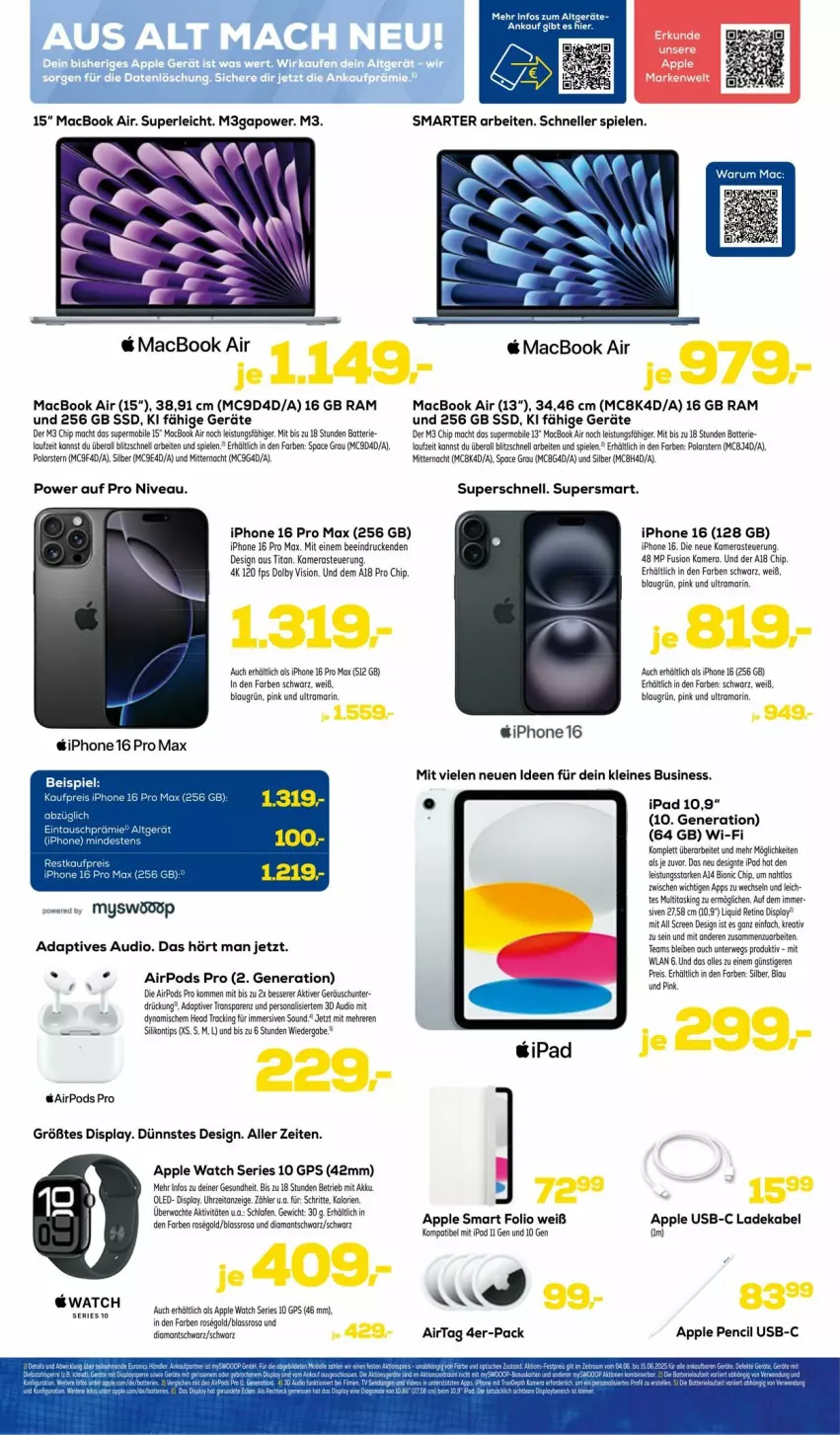 Aktueller Prospekt Euronics - Prospekte - von 04.06 bis 15.06.2025 - strona 7 - produkty: akku, Apple, Apple Pencil, Apple Watch, Apple Watch SE, batterie, bio, boss, deka, eis, Gesundheit, GPS, HP, ipad, iphone, kamera, Kameras, ladekabel, leine, mac, macbook, macbook air, nivea, Persona, Pods, promax, rama, reis, rwe, Spiele, ssd, Ti, uhr, usb