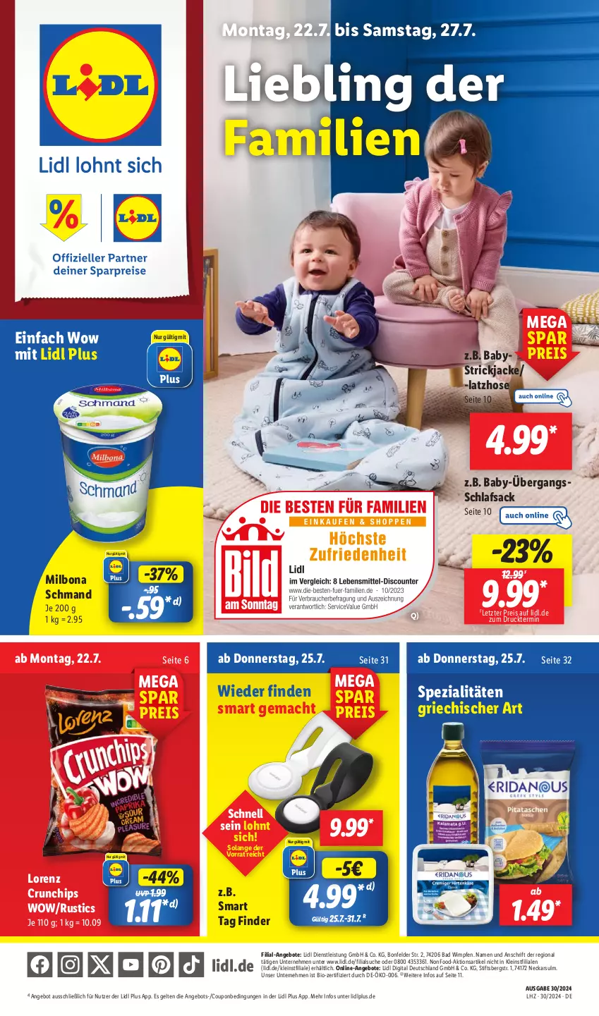 Aktueller Prospekt Lidl - Aktionsprospekt - von 22.07 bis 27.07.2024 - strona 1 - produkty: angebot, angebote, Bad, bio, Bona, chips, coupon, crunchips, eis, hose, Jacke, Latzhose, lorenz, lorenz crunchips, mac, Milbona, reis, sac, schlafsack, schmand, Spezi, Strickjacke, Ti, ZTE