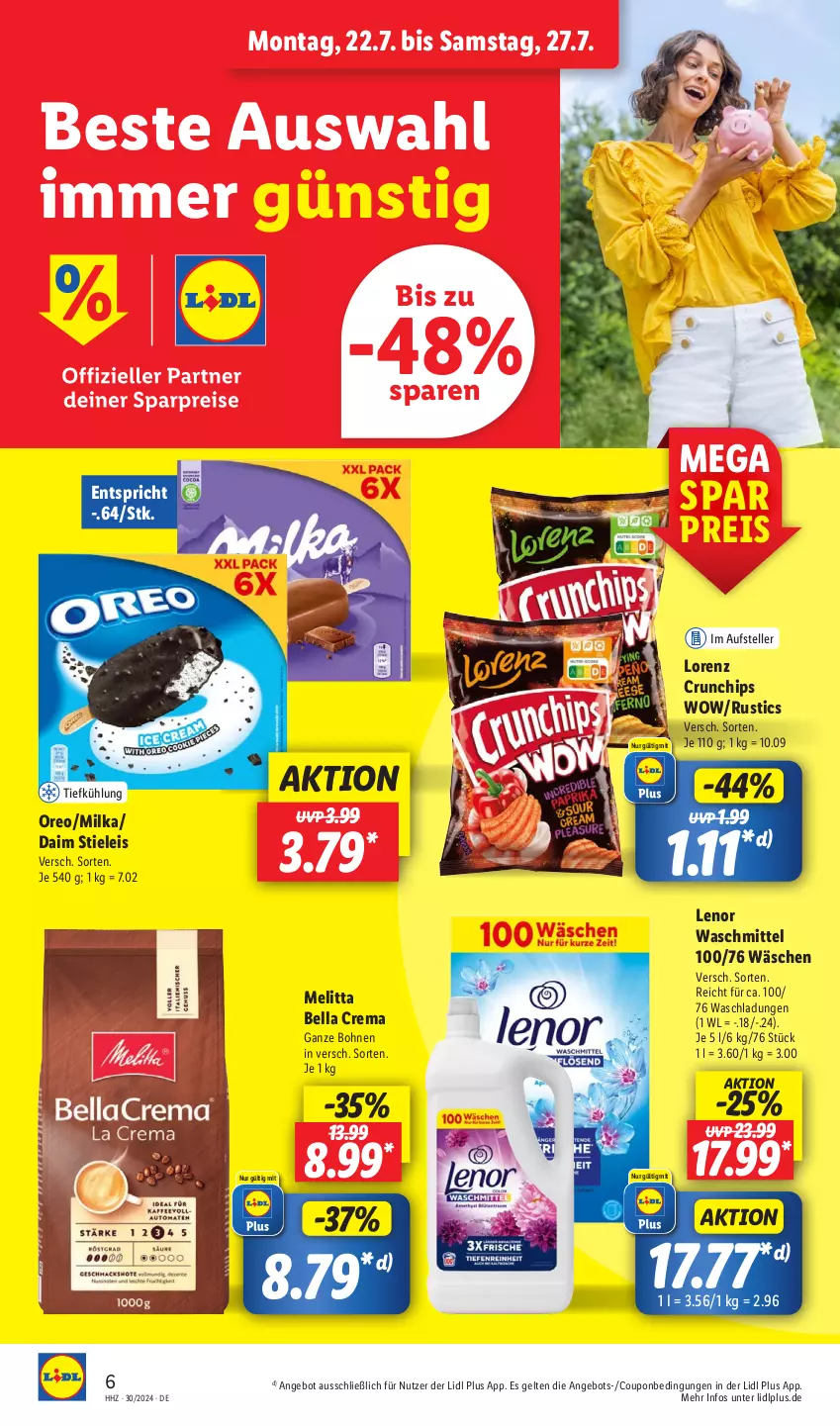 Aktueller Prospekt Lidl - Aktionsprospekt - von 22.07 bis 27.07.2024 - strona 10 - produkty: angebot, bella crema, bohne, bohnen, chips, coupon, crunchips, daim, eis, elle, lenor, lenor waschmittel, lorenz, lorenz crunchips, melitta, milka, oreo, reis, stieleis, teller, Ti, waschmittel