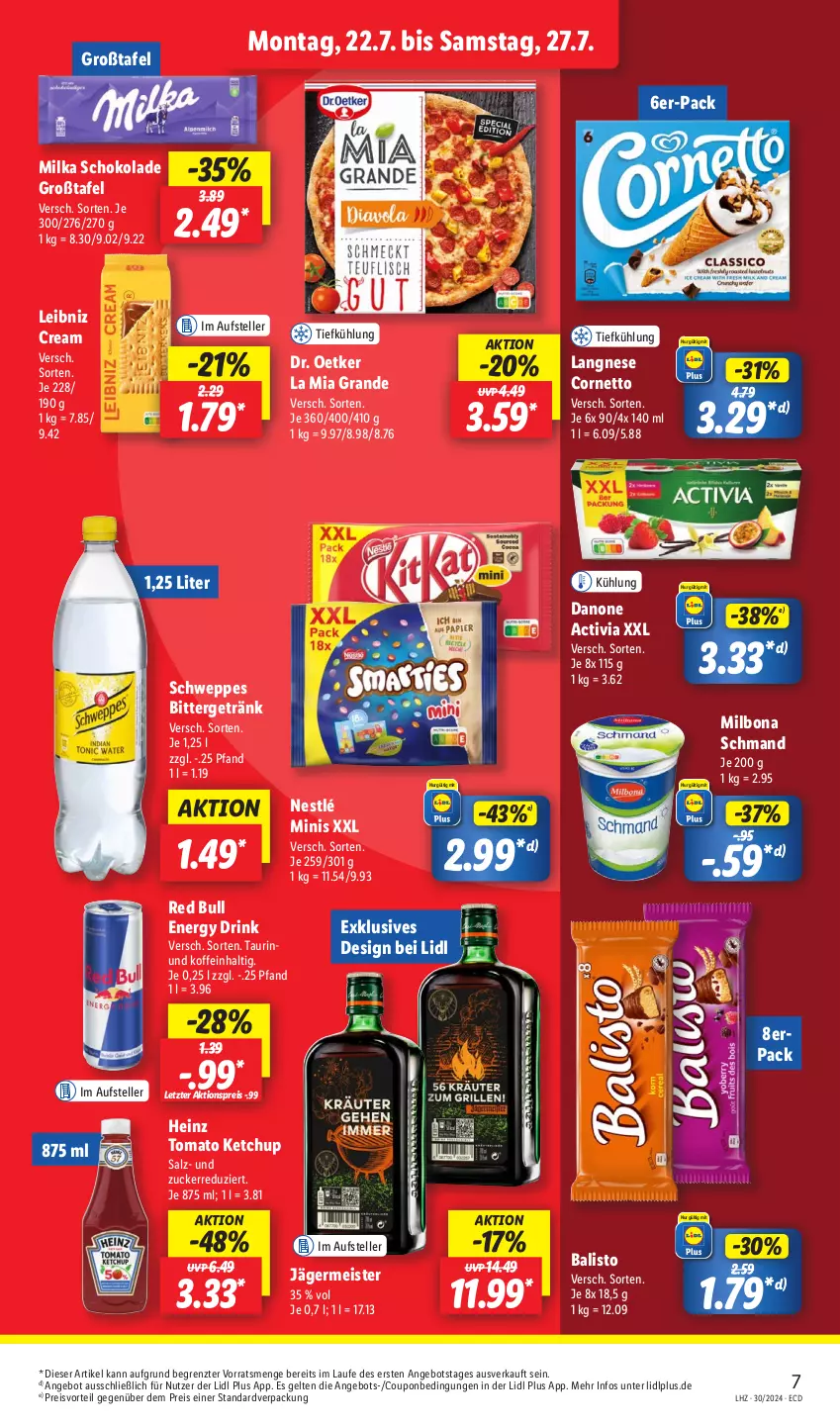 Aktueller Prospekt Lidl - Aktionsprospekt - von 22.07 bis 27.07.2024 - strona 11 - produkty: activia, aktionspreis, angebot, balisto, Bona, cornetto, coupon, danone, danone activia, Dr. Oetker, drink, eis, elle, energy drink, Germ, getränk, heinz, jägermeister, ketchup, langnese, leibniz, Meister, Milbona, milka, milka schokolade, nestlé, preisvorteil, red bull, reis, salz, schmand, schoko, schokolade, schweppes, teller, Ti, tomato ketchup, ZTE, zucker