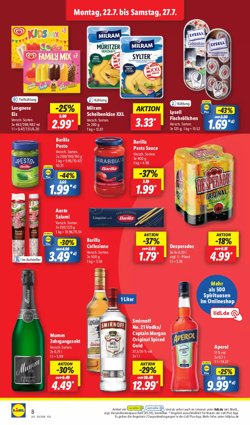 Aktueller Prospekt Lidl - Aktionsprospekt - von 22.07 bis 27.07.2024 - strona 12 - produkty: angebot, aperol, barilla, Cap, captain morgan, coupon, desperados, eis, elle, fisch, gin, jahrgangssekt, Käse, langnese, langnese eis, lysell, milram, mumm, ndk, original spiced gold, pasta, Pasta Sauce, pesto, salami, sauce, Schal, Schale, sekt, smirnoff, spirituosen, teller, Ti, vodka