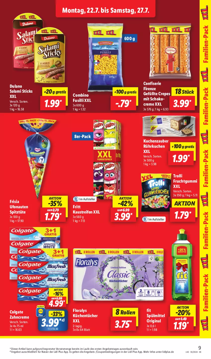 Aktueller Prospekt Lidl - Aktionsprospekt - von 22.07 bis 27.07.2024 - strona 13 - produkty: angebot, aust, colgate, coupon, creme, dulano, elle, Floralys, frucht, fruchtgummi, fusilli, gin, Kaustreifen, küche, kuchen, Küchen, küchentücher, LG, reifen, salami, schoko, spülmittel, teller, Ti, trolli, trolli fruchtgummi, tücher, Tüte, zahncreme, ZTE