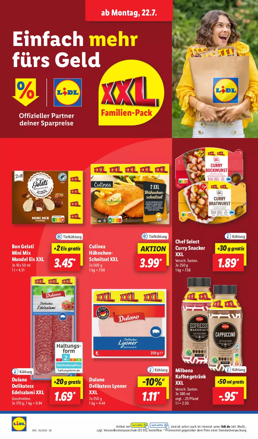 Aktueller Prospekt Lidl - Aktionsprospekt - von 22.07 bis 27.07.2024 - strona 14 - produkty: Bon Gelati, Bona, curry, dulano, Edelsalami, eis, getränk, Hähnchenschnitzel, kaffee, lyoner, mandel, Milbona, ndk, preisvorteil, reis, salami, Schal, Schale, schnitten, schnitzel, snack, Ti, Yo