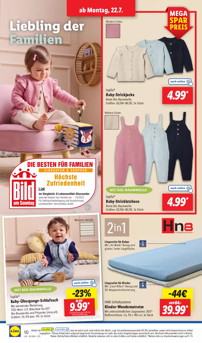 Aktueller Prospekt Lidl - Aktionsprospekt - von 22.07 bis 27.07.2024 - strona 18 - produkty: angebot, Bau, baumwolle, bio, bio-baumwolle, dell, Effect, eis, elle, hose, Jacke, Kinder, latte, Latzhose, Liege, lupilu, matratze, mit bio-baumwolle, Mode, ndk, reis, sac, Schal, Schale, schlafsack, Strickjacke, Ti, wendematratze, wolle, ZTE