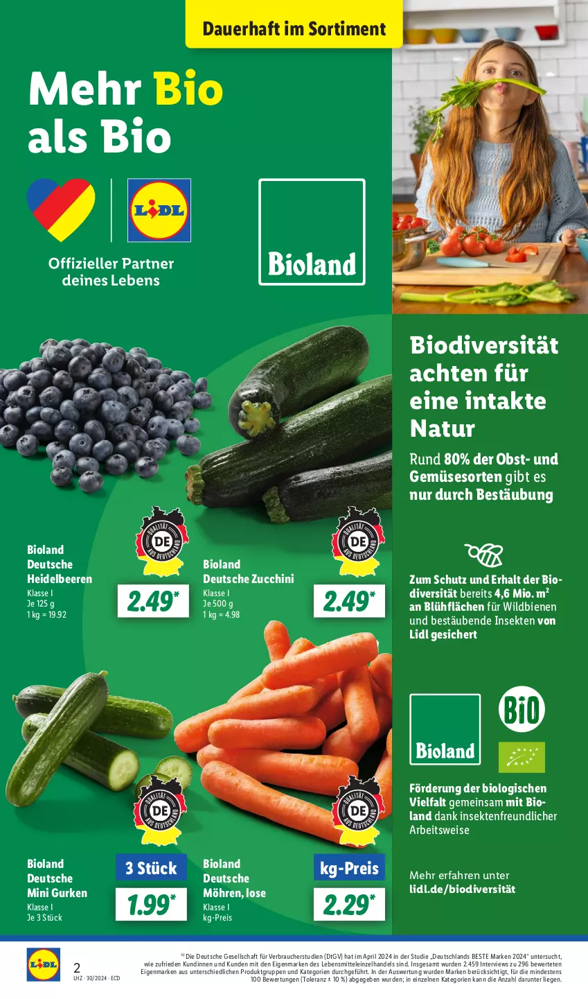 Aktueller Prospekt Lidl - Aktionsprospekt - von 22.07 bis 27.07.2024 - strona 2 - produkty: angebot, angebote, auer, beere, beeren, bio, bioland, eis, gurke, gurken, heidelbeere, heidelbeeren, lebensmittel, Liege, möhren, natur, obst, pril, Rauch, reis, sekt, Ti, und gemüse, Wild, zucchini