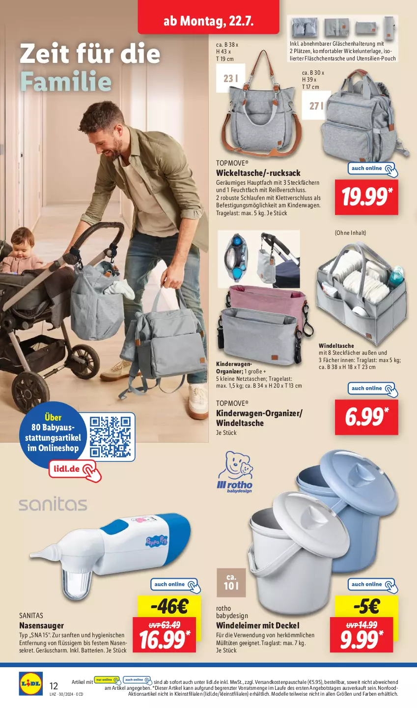 Aktueller Prospekt Lidl - Aktionsprospekt - von 22.07 bis 27.07.2024 - strona 20 - produkty: angebot, batterie, batterien, decke, Deckel, dell, eimer, eis, elle, Kinder, Kinderwagen, Laufen, leimer, leine, Mode, ndk, rucksack, rwe, sac, Schal, Schale, Tasche, taschen, Ti, Tüte, WICK, Wickeltasche, Wickelunterlage, ZTE