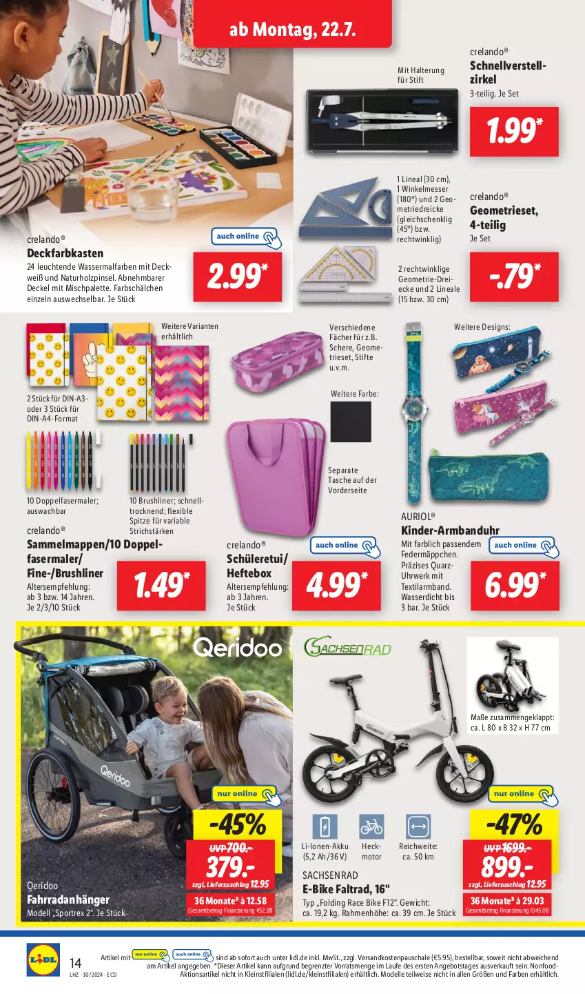 Aktueller Prospekt Lidl - Aktionsprospekt - von 22.07 bis 27.07.2024 - strona 22 - produkty: akku, angebot, Anhänger, Armband, Armbanduhr, decke, Deckel, deckfarbkasten, dell, E-Bike, eis, Elan, elle, Fahrrad, fasermaler, Federmäppchen, Hefte, Holz, HP, Kinder, Leuchte, leuchten, messer, Mode, natur, ndk, Palette, Pinsel, rel, Ria, rwe, sac, Sammelmappen, Schal, Schale, Schere, Sport, stifte, Tasche, Ti, uhr, wasser, ZTE