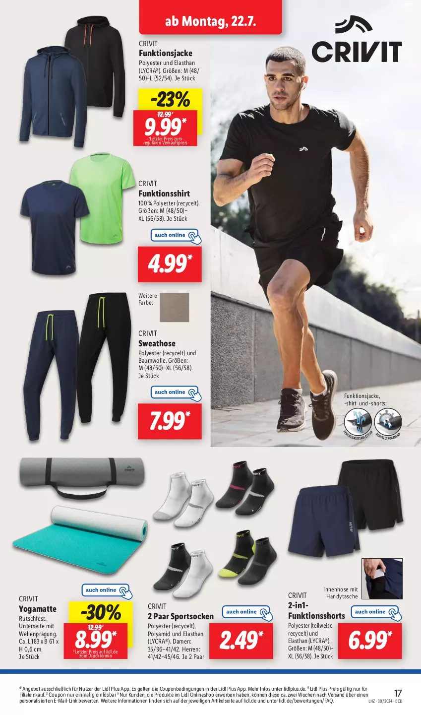 Aktueller Prospekt Lidl - Aktionsprospekt - von 22.07 bis 27.07.2024 - strona 25 - produkty: angebot, Bau, baumwolle, coupon, crivit, eis, elle, funktionsshirt, Handy, hose, Jacke, Persona, reis, shirt, shorts, socken, Sport, sportsocken, Sweathose, Tasche, Ti, wolle, Yo, ZTE