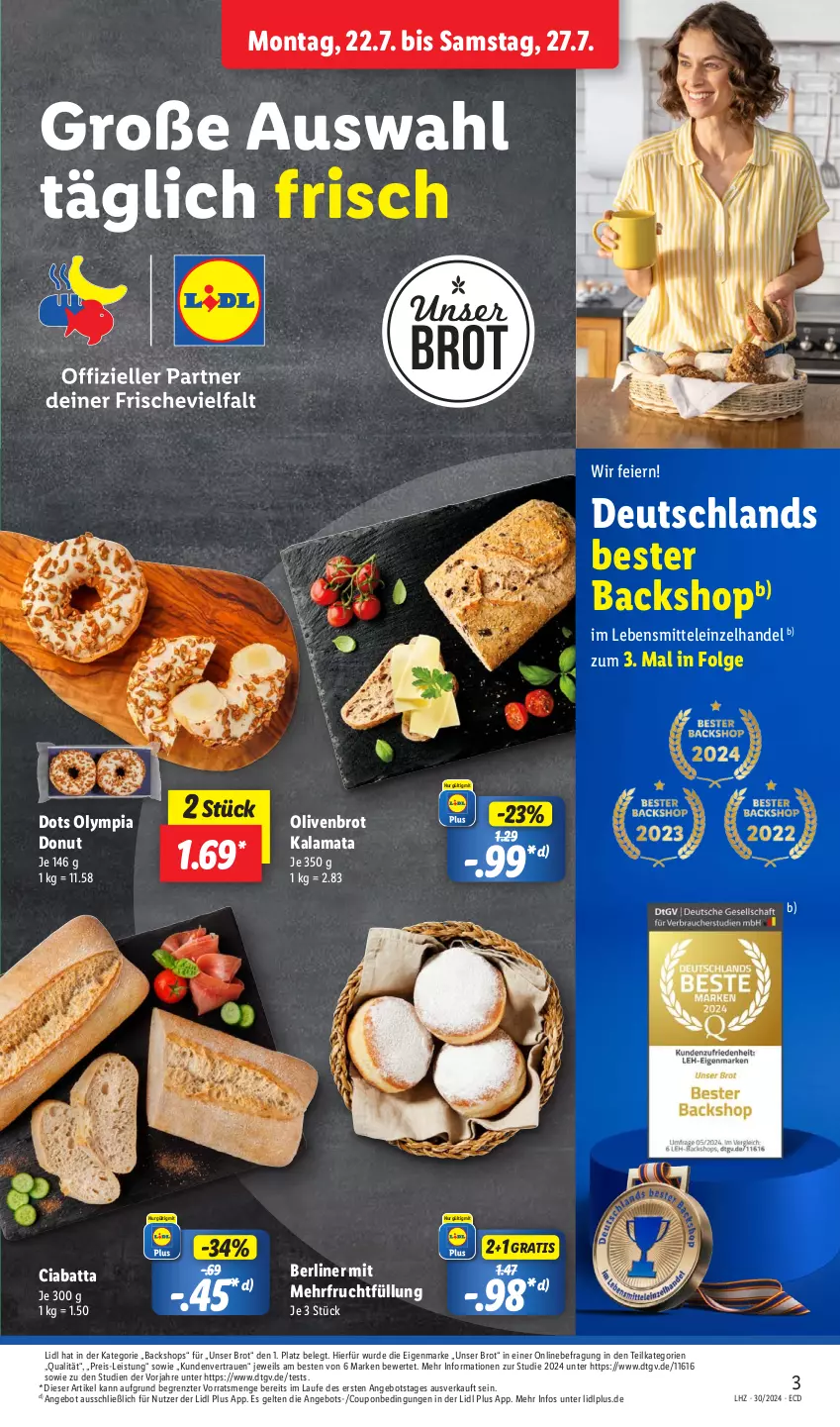 Aktueller Prospekt Lidl - Aktionsprospekt - von 22.07 bis 27.07.2024 - strona 3 - produkty: angebot, berliner, brot, ciabatta, coupon, Donut, eier, eis, frucht, lebensmittel, LG, olive, oliven, reis, Ti, ZTE