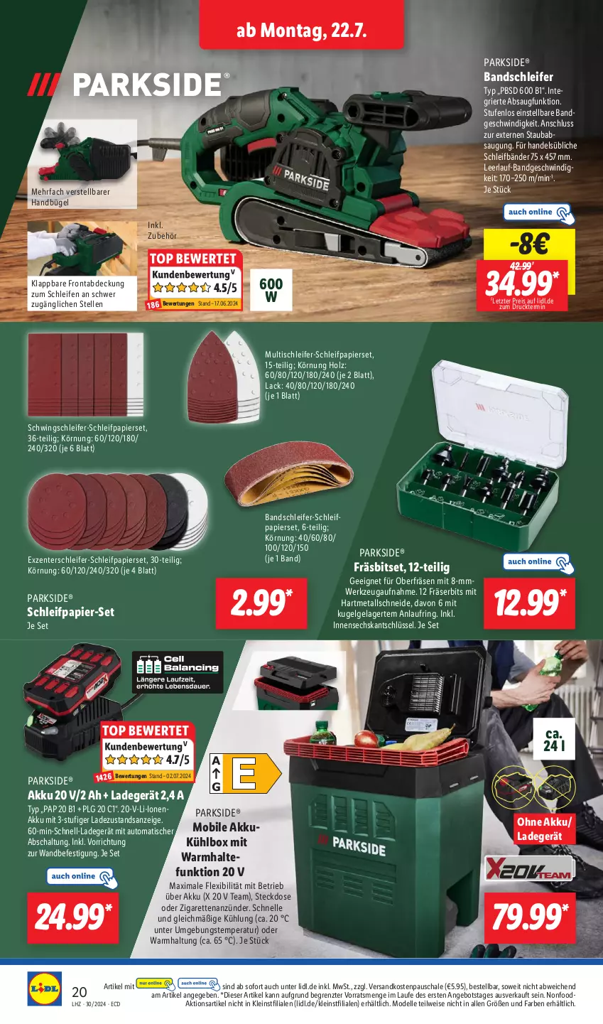 Aktueller Prospekt Lidl - Aktionsprospekt - von 22.07 bis 27.07.2024 - strona 30 - produkty: akku, angebot, auto, Bandschleifer, Bitset, dell, eis, elle, ente, Holz, Kugel, lack, ladegerät, LG, Mode, ndk, Oberfräse, papier, Parkside, reis, ring, Schal, Schale, Schleifpapier, steckdose, Ti, tisch, werkzeug, ZTE