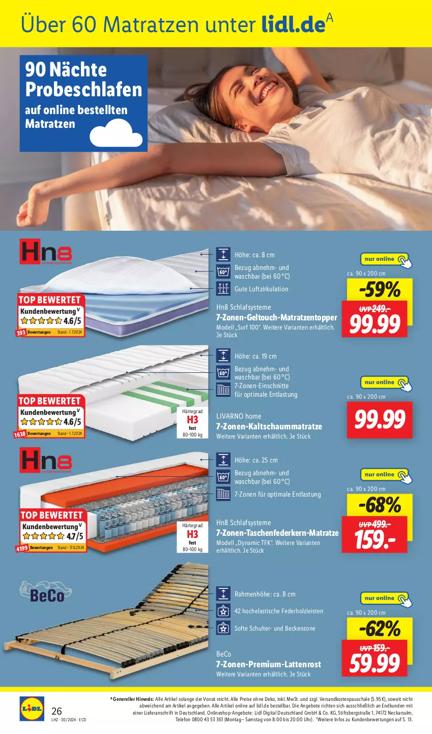 Aktueller Prospekt Lidl - Aktionsprospekt - von 22.07 bis 27.07.2024 - strona 36 - produkty: angebot, angebote, asti, beco, dell, eis, elle, federkern, Hela, Holz, kaltschaummatratze, Kenzo, latte, lattenrost, matratze, matratzen, Matratzentopper, Mode, ndk, reis, rel, Ria, Schal, Schale, Schaummatratze, Surf, Tasche, taschen, taschenfederkern-matratze, telefon, Ti, tisch, topper, uhr