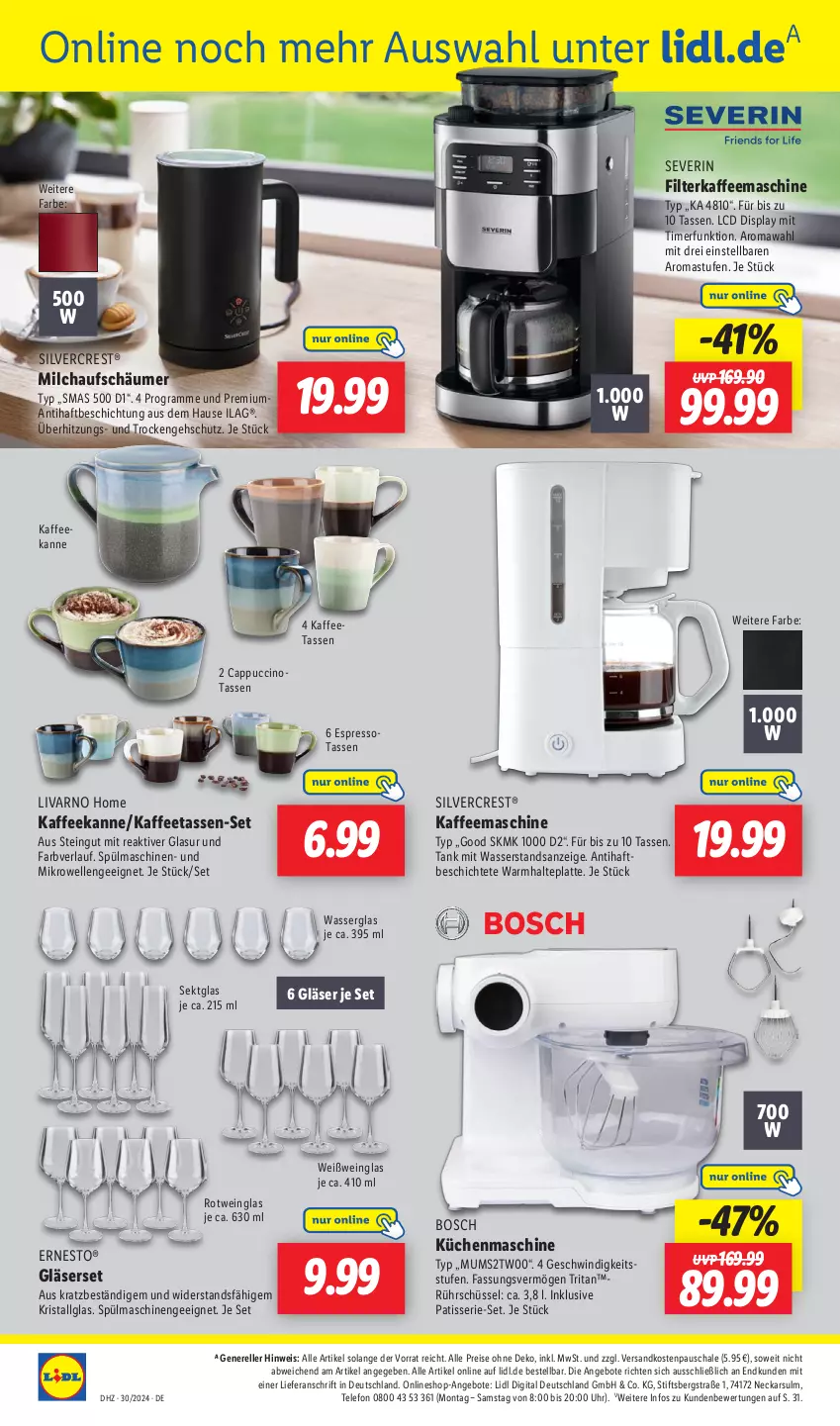 Aktueller Prospekt Lidl - Aktionsprospekt - von 22.07 bis 27.07.2024 - strona 38 - produkty: angebot, angebote, bosch, Cap, cappuccino, cin, eis, elle, ernesto, espresso, filterkaffee, Gläser, ilag, kaffee, kaffeemaschine, Kaffeetassen, küche, Küchen, küchenmaschine, latte, LG, Mastu, mikrowelle, milch, milchaufschäumer, ndk, reis, rel, rotwein, Rührschüssel, Schal, Schale, schüssel, sekt, severin, silvercrest, spülmaschinen, tasse, telefon, Ti, timer, uhr, wasser, wein, Weißwein, Weißweinglas