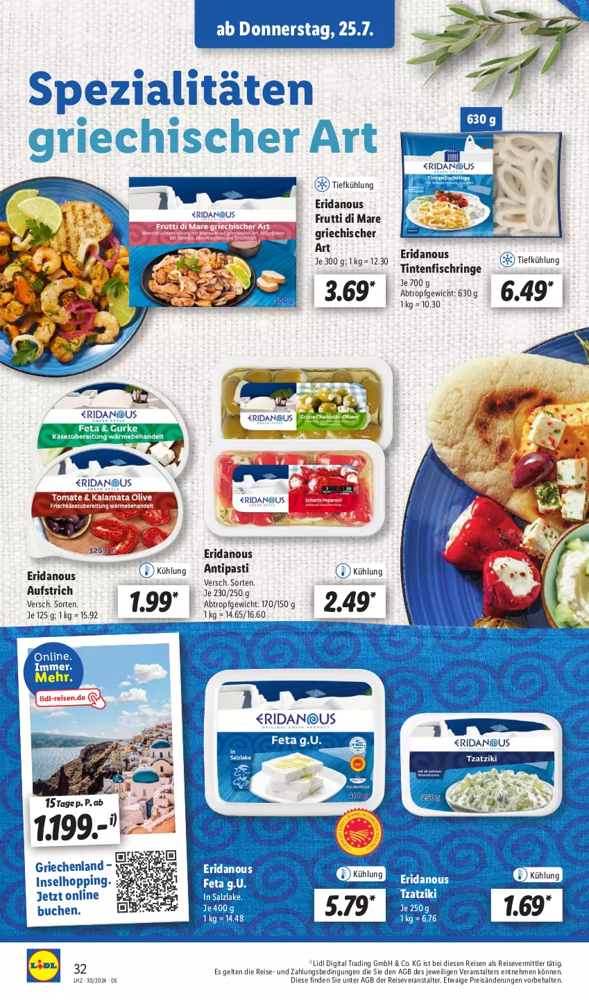 Aktueller Prospekt Lidl - Aktionsprospekt - von 22.07 bis 27.07.2024 - strona 44 - produkty: antipasti, asti, aufstrich, buch, eis, feta, fisch, frutti di mare, reis, reiseveranstalter, ring, salz, Spezi, Ti, Tintenfischringe, tzatziki