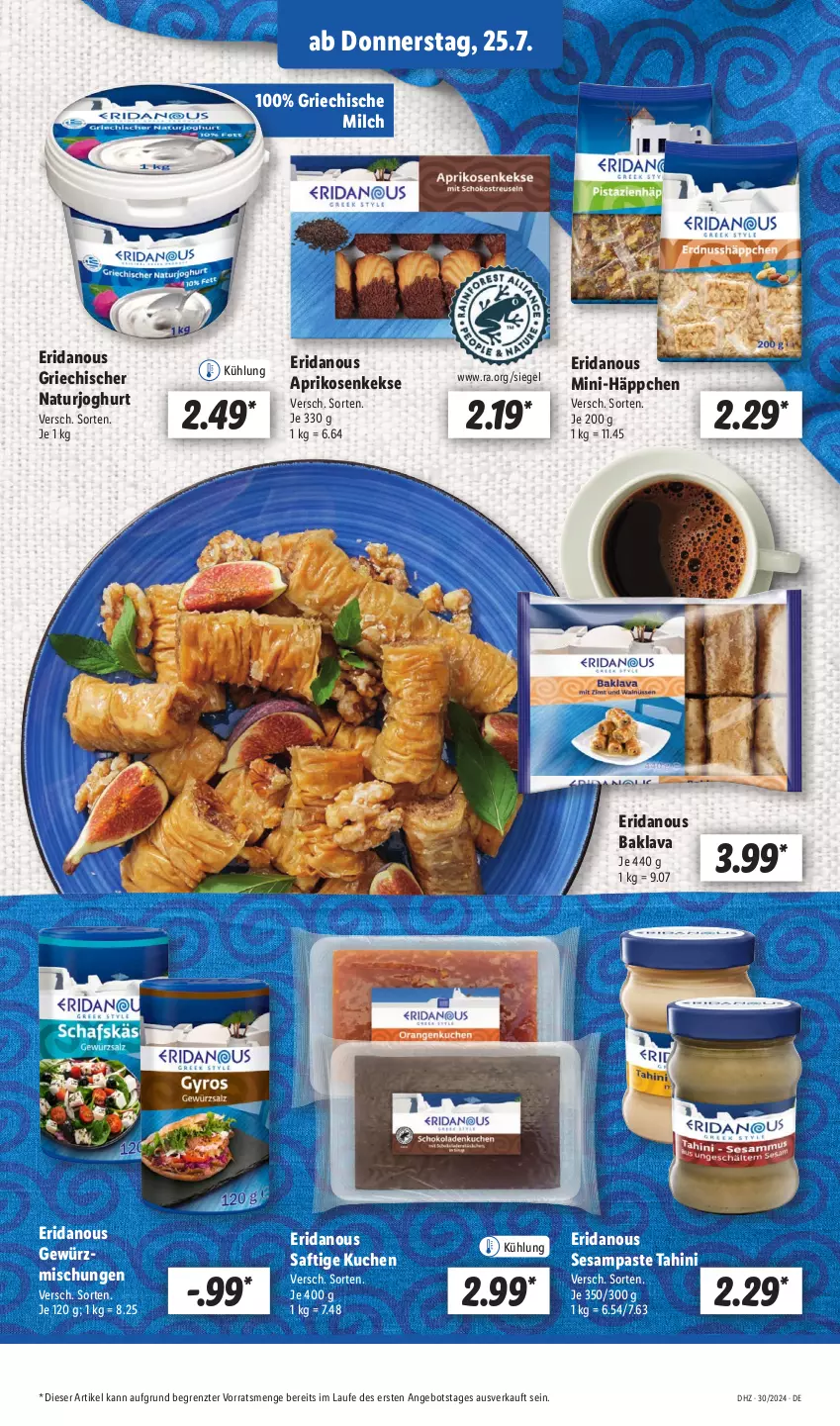 Aktueller Prospekt Lidl - Aktionsprospekt - von 22.07 bis 27.07.2024 - strona 47 - produkty: angebot, aprikose, aprikosen, Baklava, gewürz, joghur, joghurt, keks, kekse, kuchen, milch, natur, naturjoghurt, saft, sesam, Ti, ZTE