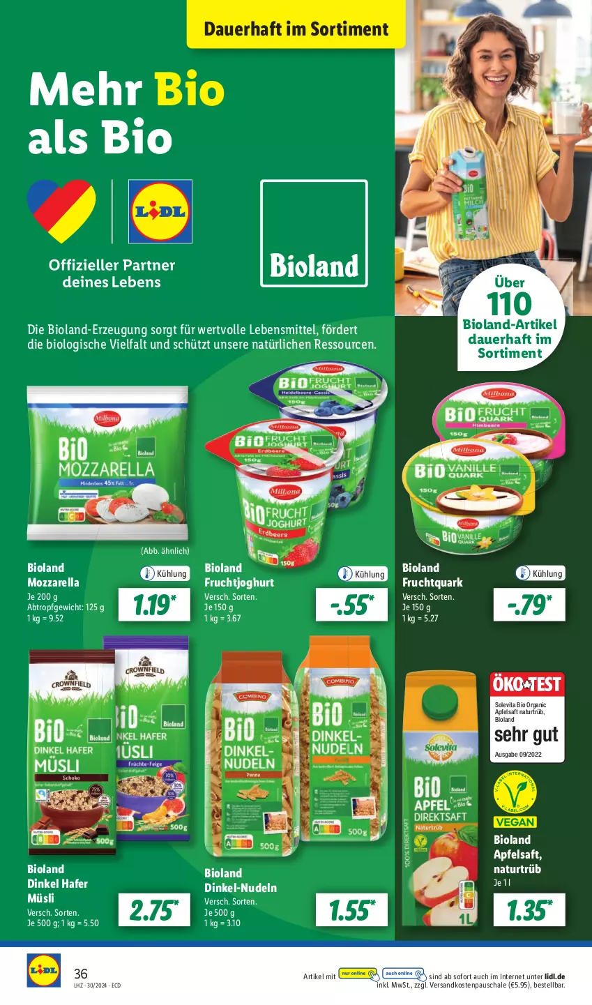 Aktueller Prospekt Lidl - Aktionsprospekt - von 22.07 bis 27.07.2024 - strona 48 - produkty: apfel, apfelsaft, auer, bio, bioland, frucht, fruchtjoghurt, Fruchtquark, hafer, joghur, joghurt, lebensmittel, mozzarella, müsli, natur, ndk, nudel, nudeln, quark, rel, saft, Schal, Schale, Ti, vita