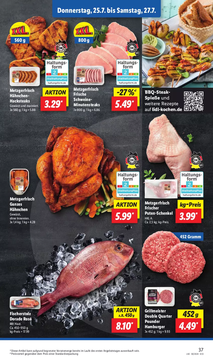 Aktueller Prospekt Lidl - Aktionsprospekt - von 22.07 bis 27.07.2024 - strona 49 - produkty: angebot, burger, Dorade, eis, fisch, fische, Fischer, gewürz, grill, hamburger, henkel, Meister, minutensteaks, preisvorteil, pute, reis, rezept, rezepte, schenkel, schwein, schweine, steak, steaks, Ti, wein, weine, ZTE