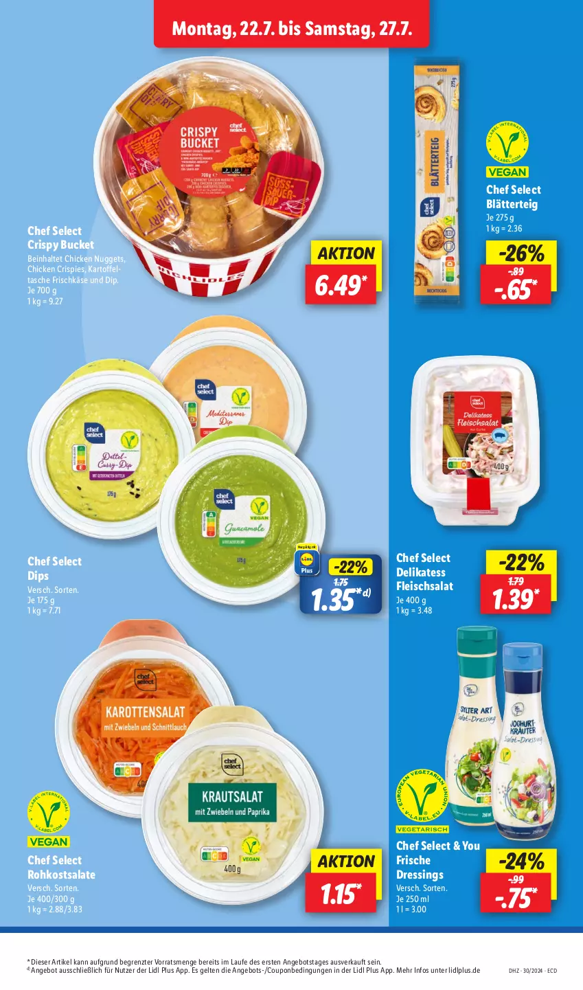 Aktueller Prospekt Lidl - Aktionsprospekt - von 22.07 bis 27.07.2024 - strona 5 - produkty: angebot, blätterteig, chicken nuggets, coupon, dip, dressing, eis, fleisch, fleischsalat, frischkäse, kartoffel, Käse, nuggets, salat, salate, Tasche, Ti, Yo, ZTE