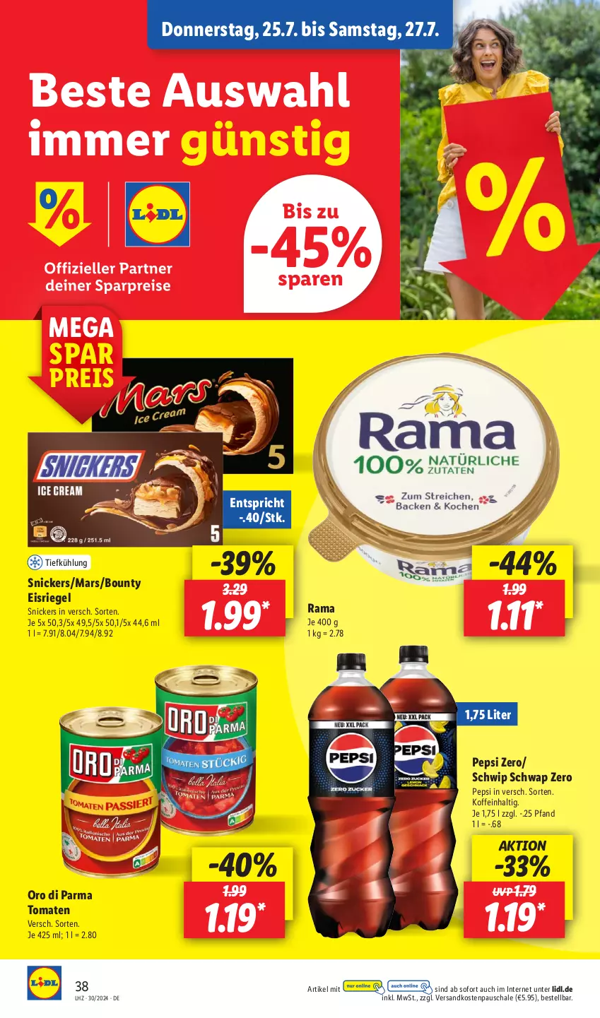 Aktueller Prospekt Lidl - Aktionsprospekt - von 22.07 bis 27.07.2024 - strona 50 - produkty: bounty, eis, Eisriegel, mars, ndk, oro di parma, pepsi, rama, reis, riegel, Schal, Schale, Schwip Schwap, snickers, Ti, tomate, tomaten