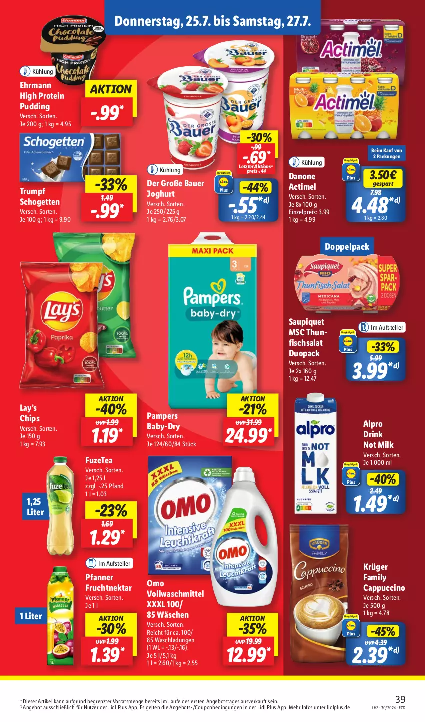 Aktueller Prospekt Lidl - Aktionsprospekt - von 22.07 bis 27.07.2024 - strona 51 - produkty: actimel, alpro, angebot, auer, baby-dry, Bau, Bauer, Cap, cappuccino, chips, cin, coupon, danone, drink, ehrmann, eis, elle, fisch, frucht, fuzetea, joghur, joghurt, krüger, Nektar, pampers, pfanne, Pfanner, pudding, reis, rum, salat, saupiquet, schogetten, teller, thunfisch, Thunfischsalat, Ti, vollwaschmittel, waschmittel, ZTE