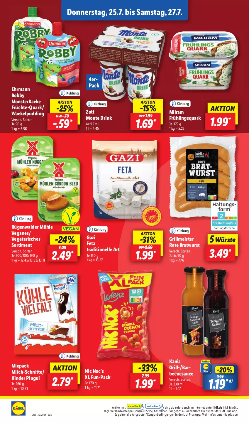 Aktueller Prospekt Lidl - Aktionsprospekt - von 22.07 bis 27.07.2024 - strona 52 - produkty: angebot, barbecue, bratwurst, coupon, drink, ehrmann, eis, elle, feta, früchte, grill, Kinder, kinder pingui, Meister, milch, milch-schnitte, milram, monster, monte, ndk, pingui, pudding, quark, robby, rügenwalder, rügenwalder mühle, sauce, Schal, Schale, Ti, Vegeta, wurst, zott, Zott Monte