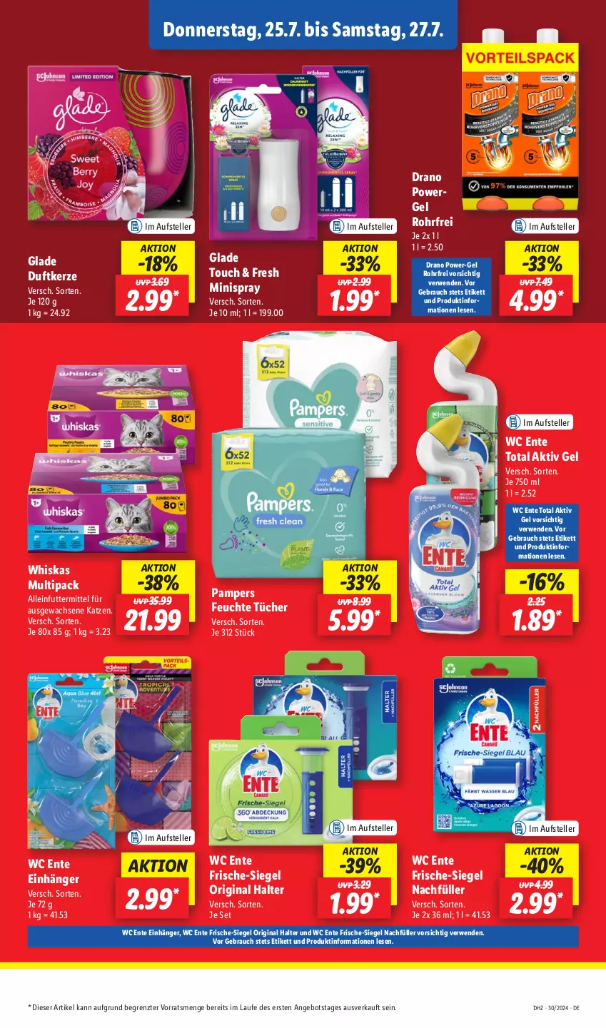 Aktueller Prospekt Lidl - Aktionsprospekt - von 22.07 bis 27.07.2024 - strona 53 - produkty: aktiv gel, alleinfuttermittel, angebot, Duftkerze, elle, ente, feuchte tücher, gin, Glade, kerze, pampers, power-gel, Rauch, rwe, teller, Ti, tücher, wc ente, whiskas, ZTE