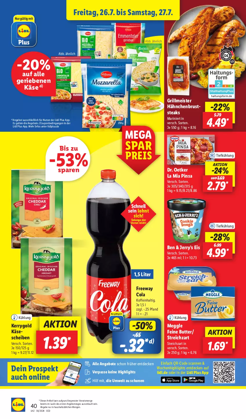 Aktueller Prospekt Lidl - Aktionsprospekt - von 22.07 bis 27.07.2024 - strona 54 - produkty: angebot, angebote, butter, cola, coupon, decke, Dr. Oetker, drucker, eis, Engel, grill, hähnchenbrust, Käse, kerrygold, kerze, meggle, Meister, papier, reis, steak, steaks, Streichzart, Ti, ZTE