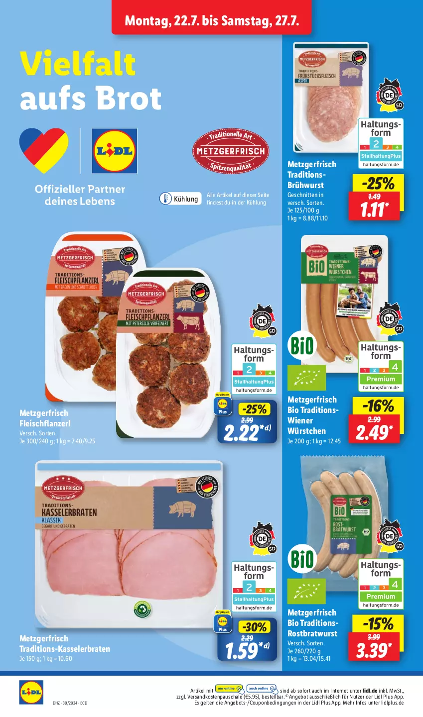 Aktueller Prospekt Lidl - Aktionsprospekt - von 22.07 bis 27.07.2024 - strona 6 - produkty: angebot, bio, braten, bratwurst, brot, Brühwurst, coupon, eis, fleisch, kasseler, Kasselerbraten, ndk, rostbratwurst, Schal, Schale, schnitten, Ti, wiener, wiener würstchen, wurst, würstchen