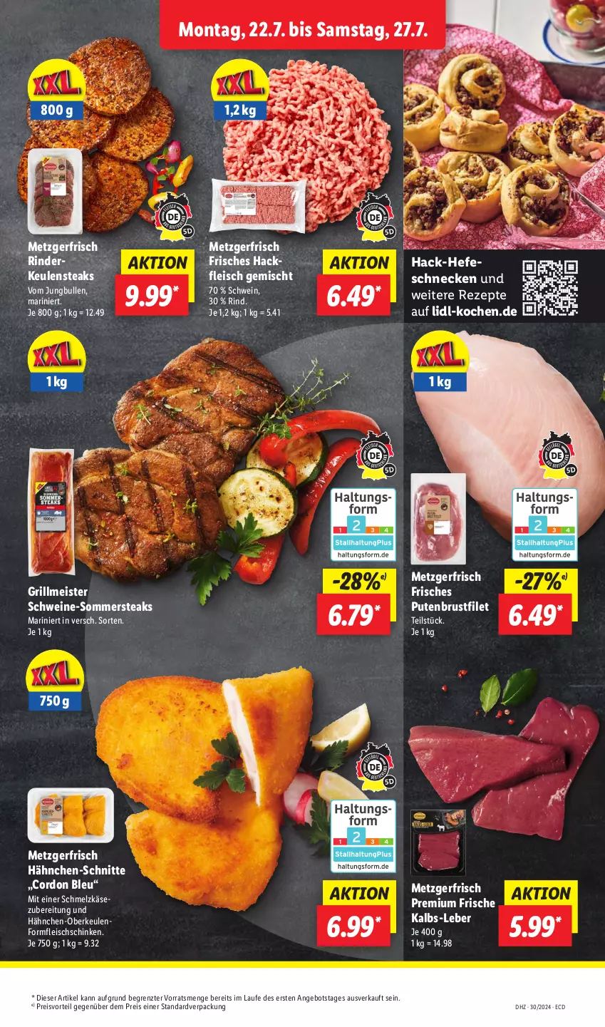 Aktueller Prospekt Lidl - Aktionsprospekt - von 22.07 bis 27.07.2024 - strona 7 - produkty: angebot, brustfilet, cordon bleu, eis, filet, fleisch, grill, hackfleisch, hackfleisch gemischt, Hefe, jungbullen, Käse, Meister, preisvorteil, pute, putenbrust, putenbrustfilet, reis, rezept, rezepte, rind, rinder, Rinderkeule, schinken, Schmelzkäse, schwein, schweine, steak, steaks, Ti, wein, weine, ZTE