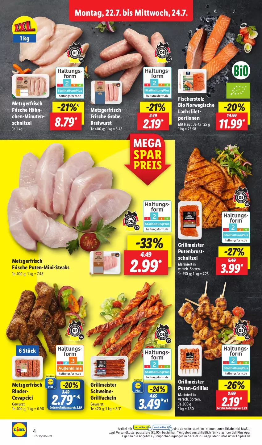 Aktueller Prospekt Lidl - Aktionsprospekt - von 22.07 bis 27.07.2024 - strona 8 - produkty: aktionspreis, angebot, bio, bratwurst, cevapcici, coupon, eis, filet, fisch, fische, Fischer, Frische Hähnchen, gewürz, grill, grillfackeln, grobe bratwurst, lachs, lachsfilet, Meister, minutenschnitzel, ndk, pute, putenbrust, reis, rind, rinder, rwe, Schal, Schale, schnitzel, schwein, schweine, steak, steaks, Ti, wein, weine, wurst, ZTE