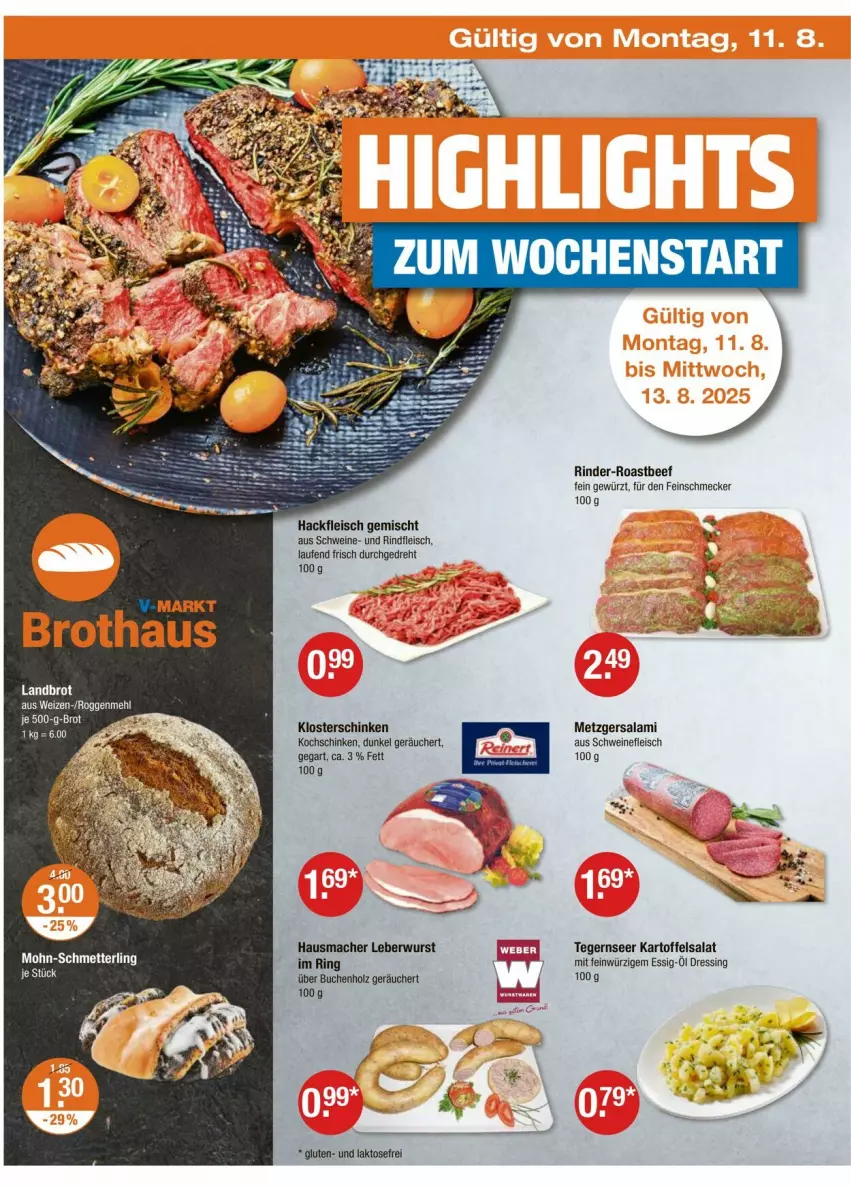 Aktueller Prospekt Vmarkt - Prospekte - von 07.08 bis 13.08.2025 - strona 18 - produkty: beef, brot, buch, dressing, eis, essig, feinschmecker, fleisch, gewürz, hackfleisch, hackfleisch gemischt, Hausmacher, Holz, kartoffel, kartoffelsalat, kochschinken, Laufen, leberwurst, mac, Mett, rind, rinder, rindfleisch, ring, roastbeef, salami, salat, schinken, Schmetterling, schwein, schweine, schweinefleisch, Tegernseer, wein, weine, wurst