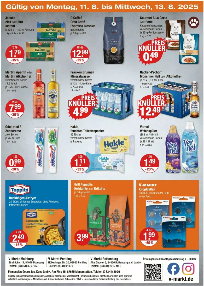 Aktueller Prospekt Vmarkt - Prospekte - von 07.08 bis 13.08.2025 - strona 20 - produkty: Airfryer, alkohol, alle artikel ohne dekoration, Alwa, angebot, angebote, aperitif, auer, beutel, bohne, brunnen, caffe, caffe espresso, classico, creme, dekoration, dell, eis, elle, espresso, feuchtes toilettenpapier, flasche, franken brunnen, fritteuse, hakle, Heißluftfritteuse, kaes, katzennahrung, martini, mineralwasser, Mode, Odol, Odol-med 3, papier, portionsbeutel, reis, ring, telefon, teller, Ti, toilettenpapier, tücher, uhr, vernel, wasser, weichspüler, zahncreme
