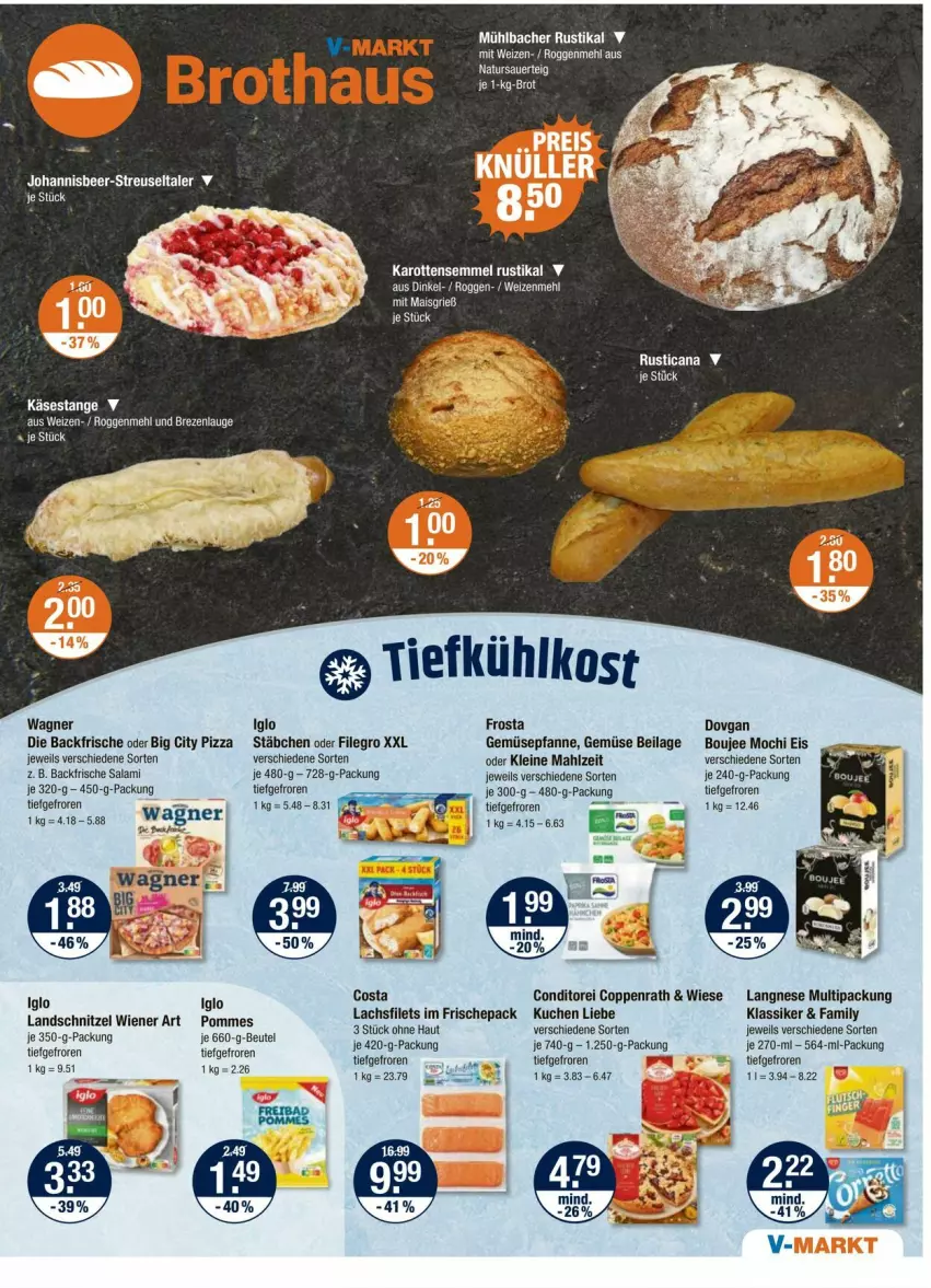 Aktueller Prospekt Vmarkt - Prospekte - von 07.08 bis 13.08.2025 - strona 5 - produkty: auer, beutel, coppenrath, dovgan, eis, filegro, frosta, iglo, ilag, karotten, Käse, kuchen, lachs, langnese, leine, mais, mehl, Mochi, natur, pfanne, pizza, pommes, salami, schnitzel, Semmel, Ti, tiefkühlkost, wagner, weizenmehl, wiener