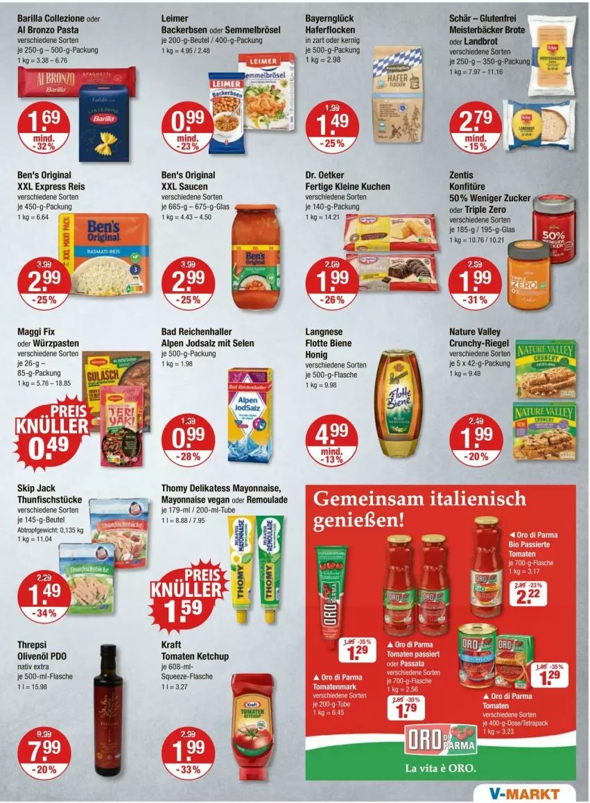 Aktueller Prospekt Vmarkt - Prospekte - von 07.08 bis 13.08.2025 - strona 7 - produkty: Bad, barilla, beutel, brot, Dr. Oetker, eimer, eis, erbsen, fisch, flasche, gin, hafer, haferflocken, honig, ketchup, konfitüre, kraft, kuchen, langnese, leimer, leine, maggi, maggi fix, mayonnaise, Meister, natur, olive, oliven, olivenöl, pasta, reis, remoulade, riegel, salz, sauce, saucen, Semmel, Semmelbrösel, thomy, thunfisch, Ti, tomate, tomaten, tomaten ketchup, Yo, zentis, zucker