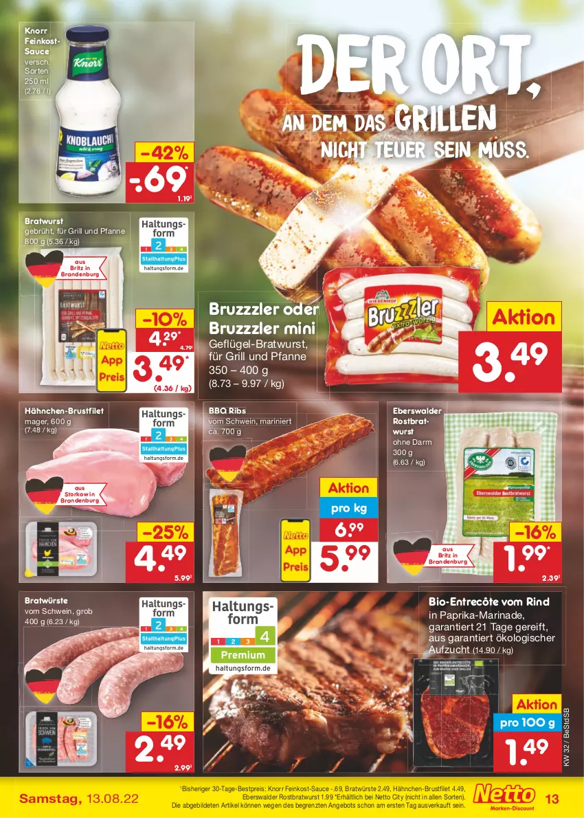 Aktueller Prospekt Netto Marken-Discount - Filial-Angebote - von 08.08 bis 13.08.2022 - strona 13 - produkty: angebot, bestpreis, bio, bratwurst, brustfilet, bruzzzler, eis, entrecôte, feinkost, filet, für grill und pfanne, Geflügel, grill, grill und pfanne, hähnchen-brustfilet, knorr, marinade, paprika, pfanne, reis, rind, rostbratwurst, sauce, schwein, Ti, und pfanne, wein, wurst, ZTE