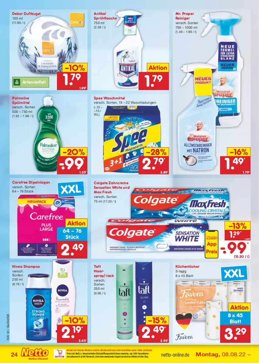 Aktueller Prospekt Netto Marken-Discount - Filial-Angebote - von 08.08 bis 13.08.2022 - strona 24 - produkty: carefree, colgate, creme, eis, flasche, haarspray, küche, Küchen, küchentücher, Kugel, lack, LG, Max Fresh, ndk, nivea, olive, palmolive, reiniger, reis, shampoo, slip, slipeinlagen, spee, sprühflasche, spülmittel, Taft, Ti, tücher, versandkostenfrei, waschmittel, zahncreme