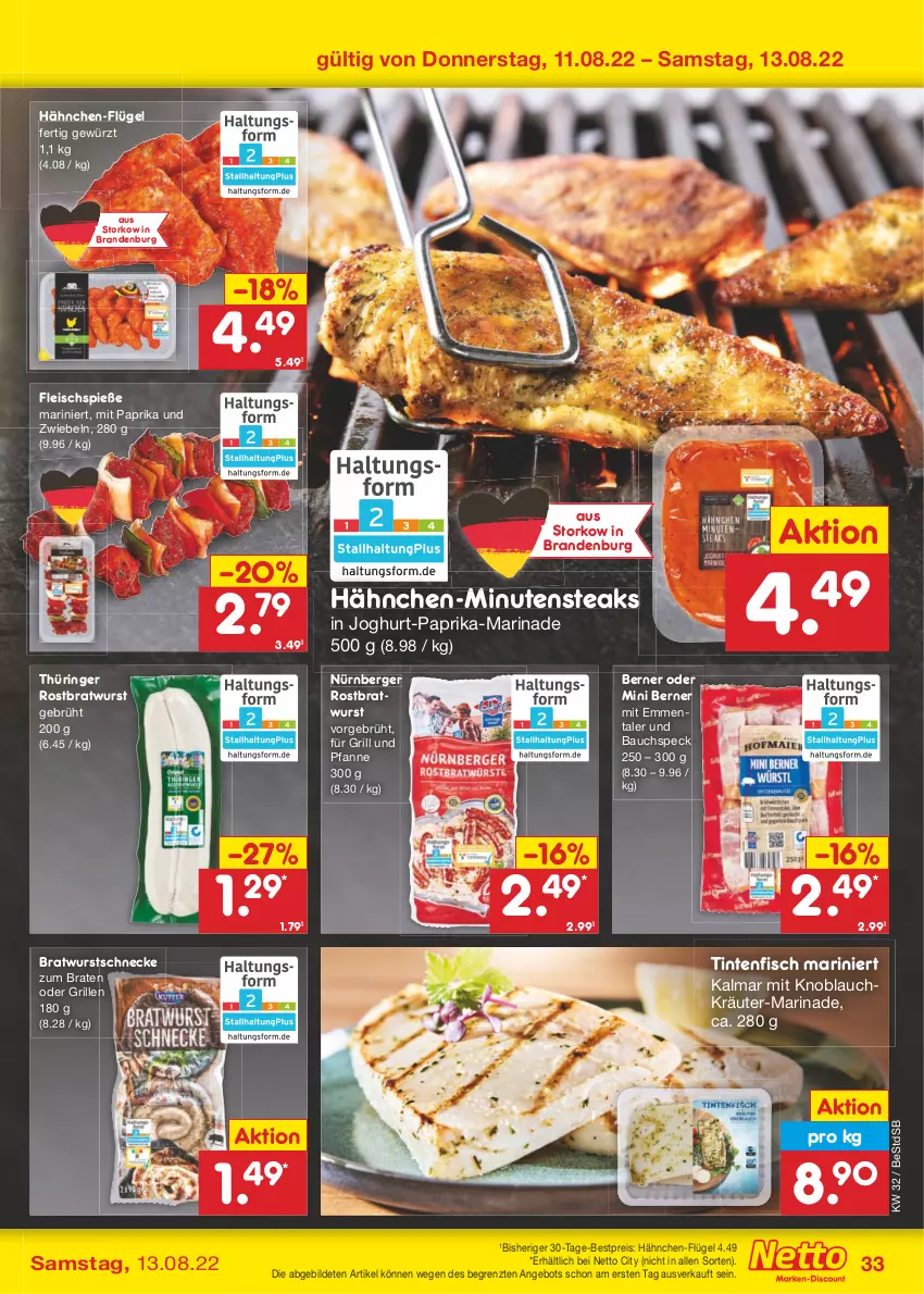 Aktueller Prospekt Netto Marken-Discount - Filial-Angebote - von 08.08 bis 13.08.2022 - strona 33 - produkty: angebot, Bau, Berger, bestpreis, braten, bratwurst, eis, emmentaler, fisch, fleisch, Fleischspieße, für grill und pfanne, gewürz, grill, grill und pfanne, joghur, joghurt, knoblauch, kräuter, marinade, minutensteaks, mit knoblauch, mit paprika, nürnberger, paprika, pfanne, reis, ring, rostbratwurst, Speck, steak, steaks, thüringer rostbratwurst, Ti, und pfanne, wurst, ZTE, zwiebel, zwiebeln