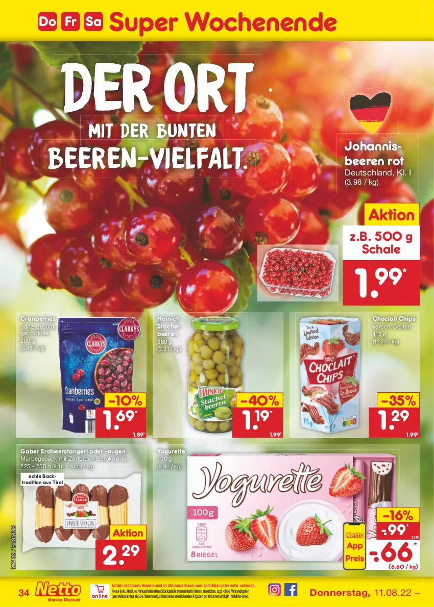 Aktueller Prospekt Netto Marken-Discount - Filial-Angebote - von 08.08 bis 13.08.2022 - strona 34 - produkty: beere, beeren, chips, choclait chips, cranberries, eis, johannisbeere, Johannisbeeren, ndk, reis, Schal, Schale, schoko, schokolade, Stachelbeeren, Ti, versandkostenfrei, Yo, yogurette