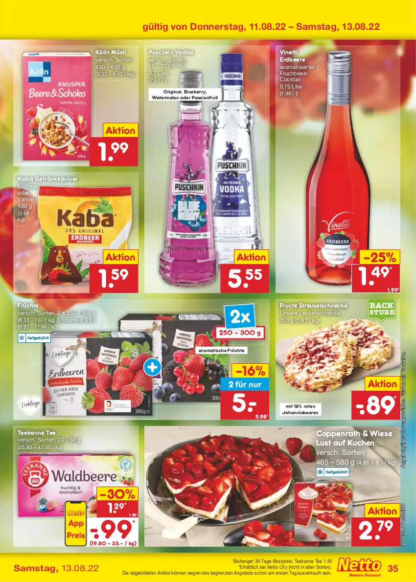 Aktueller Prospekt Netto Marken-Discount - Filial-Angebote - von 08.08 bis 13.08.2022 - strona 35 - produkty: angebot, backofen, beere, beeren, bestpreis, blueberry, cocktail, coppenrath, eis, erdbeere, frucht, früchte, getränk, getränke, getränkepulver, gin, johannisbeere, Johannisbeeren, kölln, kuchen, Lust auf Kuchen, müsli, Ofen, puschkin vodka, reis, stube, tee, teekanne, Ti, tisch, vanille, vodka, wein, ZTE