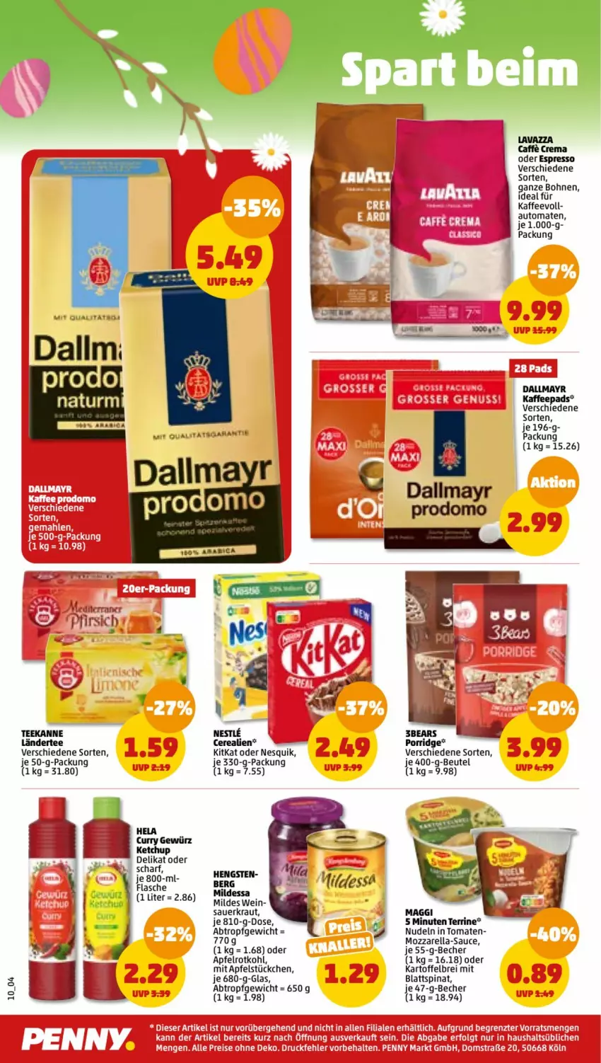 Aktueller Prospekt Penny - Prospekte - von 03.04 bis 08.04.2023 - strona 12 - produkty: apfel, auer, auto, Becher, beutel, blattspinat, bohne, bohnen, Brei, cerealien, curry, eis, espresso, flasche, gewürz, Hela, kaffee, kaffeepads, kartoffel, kartoffelbrei, ketchup, kitkat, Kraut, Ländertee, lavazza, LG, maggi, mozzarella, nesquik, nudel, nudeln, oder espresso, porridge, reis, rel, rotkohl, sauce, Sauerkraut, spinat, tee, terrine, Ti, tomate, tomaten, wein, ZTE