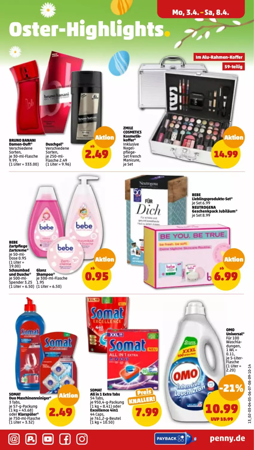 Aktueller Prospekt Penny - Prospekte - von 03.04 bis 08.04.2023 - strona 15 - produkty: Bad, Bebe, beutel, bruno banani, Cap, creme, dusche, duschgel, elle, flasche, klarspüler, koffer, kosmetik, maschinenreiniger, neutrogena, reiniger, schaumbad, shampoo, somat, Ti