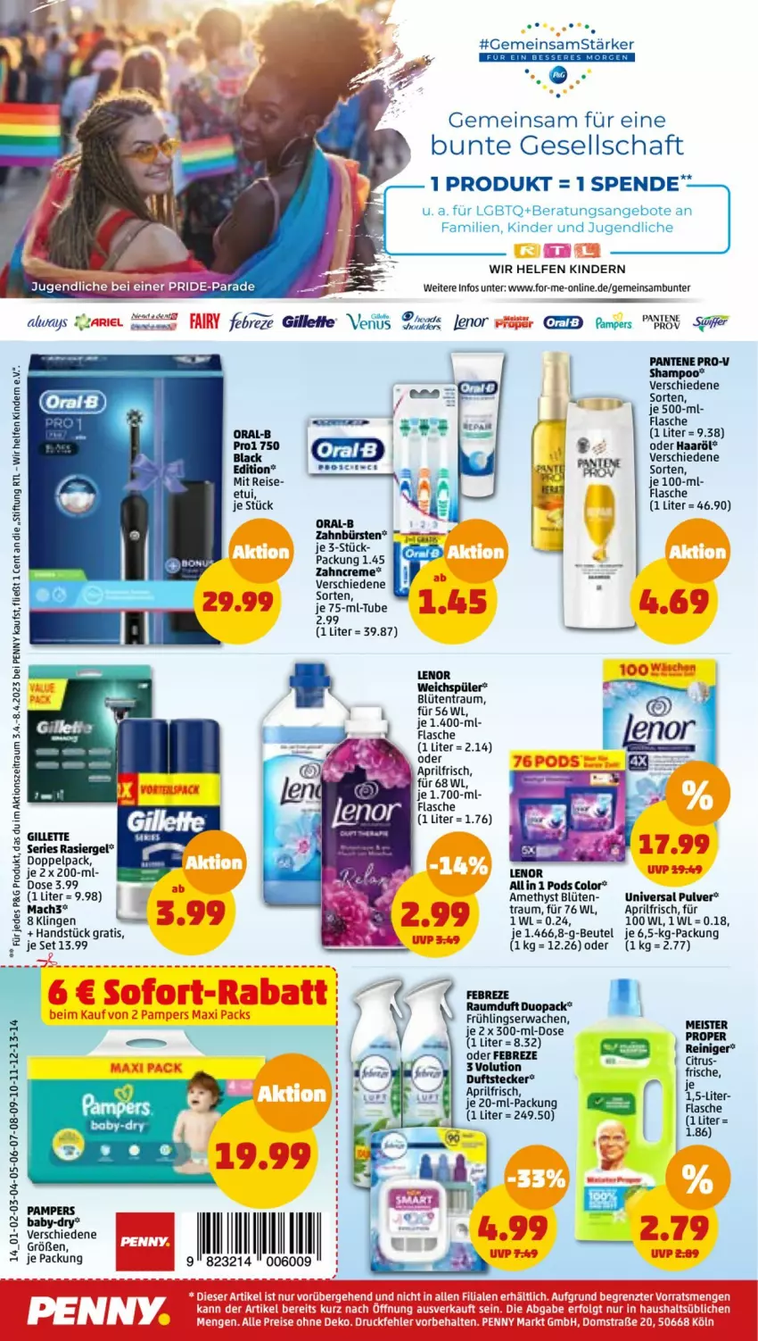 Aktueller Prospekt Penny - Prospekte - von 03.04 bis 08.04.2023 - strona 16 - produkty: Alwa, Always, angebot, angebote, ariel, baby-dry, beutel, Blüte, bürste, bürsten, citrus, creme, febreze, flasche, gillette, Kinder, lack, lenor, lenor weichspüler, LG, mac, mach3, oral-b, pampers, pantene, pantene pro-v, Pods, pril, pro-v, rasiergel, Raumduft, reiniger, shampoo, Ti, universal pulver, weichspüler, zahnbürste, zahnbürsten, zahncreme