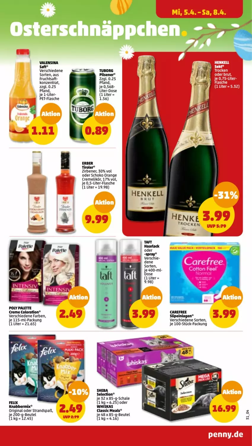 Aktueller Prospekt Penny - Prospekte - von 03.04 bis 08.04.2023 - strona 31 - produkty: arla, beutel, carefree, creme, felix, flasche, frucht, fruchtsaft, gin, Haarlack, lack, likör, orange, Palette, pet-flasche, pils, pilsener, saft, Schal, Schale, schoko, slip, slipeinlagen, Taft, Ti, valensina, whiskas