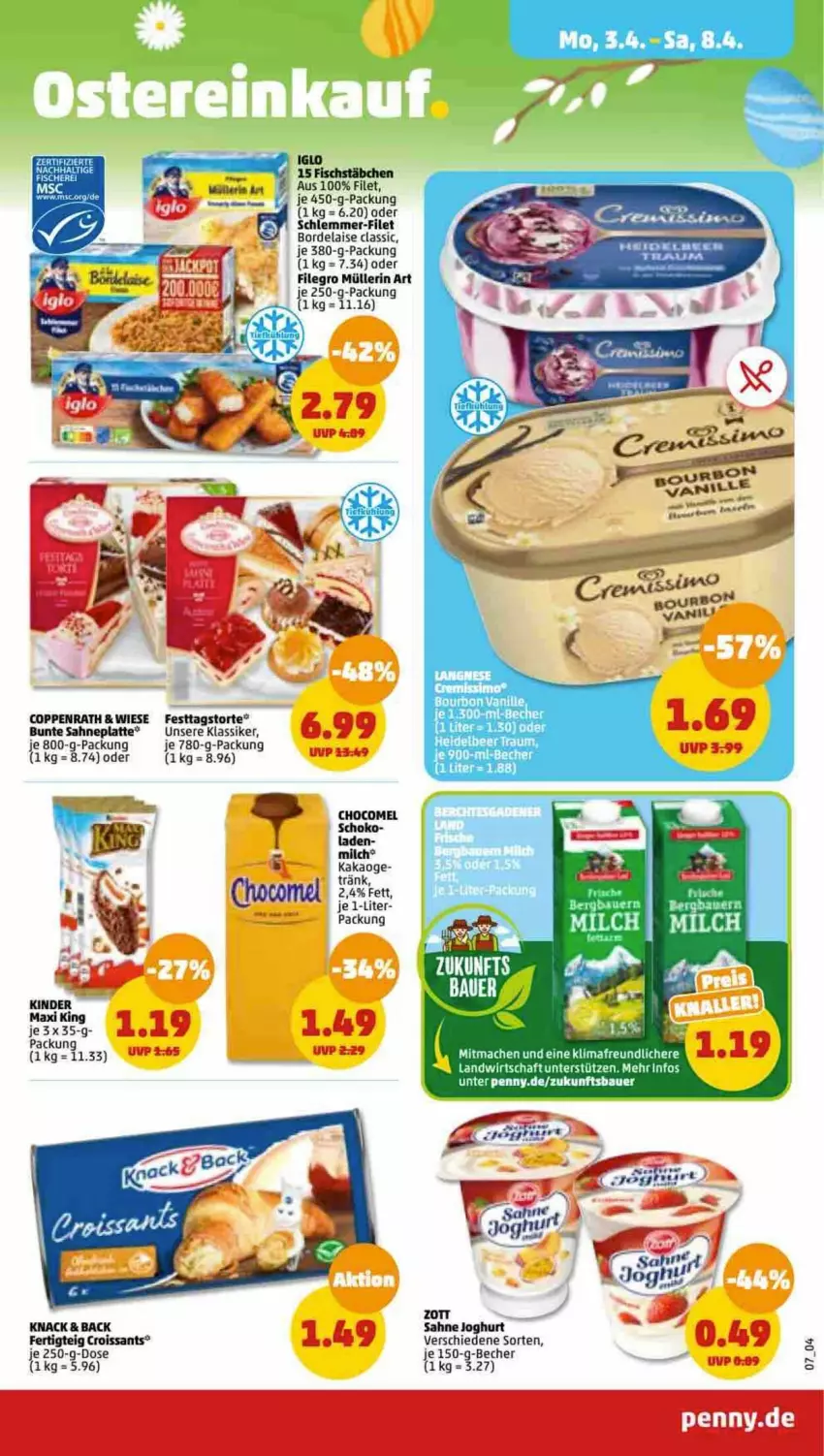 Aktueller Prospekt Penny - Prospekte - von 03.04 bis 08.04.2023 - strona 7 - produkty: auer, Bau, Bauer, Becher, bordelaise, coppenrath, Croissant, croissants, filegro, filet, fisch, fische, Fischer, fischstäbchen, je 250-g-packung, joghur, joghurt, kakao, latte, mac, milch, Müller, müllerin art, sahne, sahne joghurt, Schere, schlemmer-filet, Ti, torte