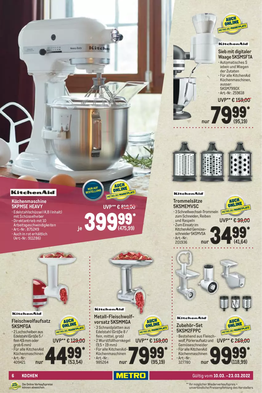 Aktueller Prospekt Metro - Kochen Spezial - von 10.03 bis 23.03.2022 - strona 6 - produkty: auto, edelstahl, eis, elle, fleisch, KitchenAid, küche, Küchen, küchenmaschine, latte, reis, schüssel, teller, Ti, tisch, trommel, Waage, wurst